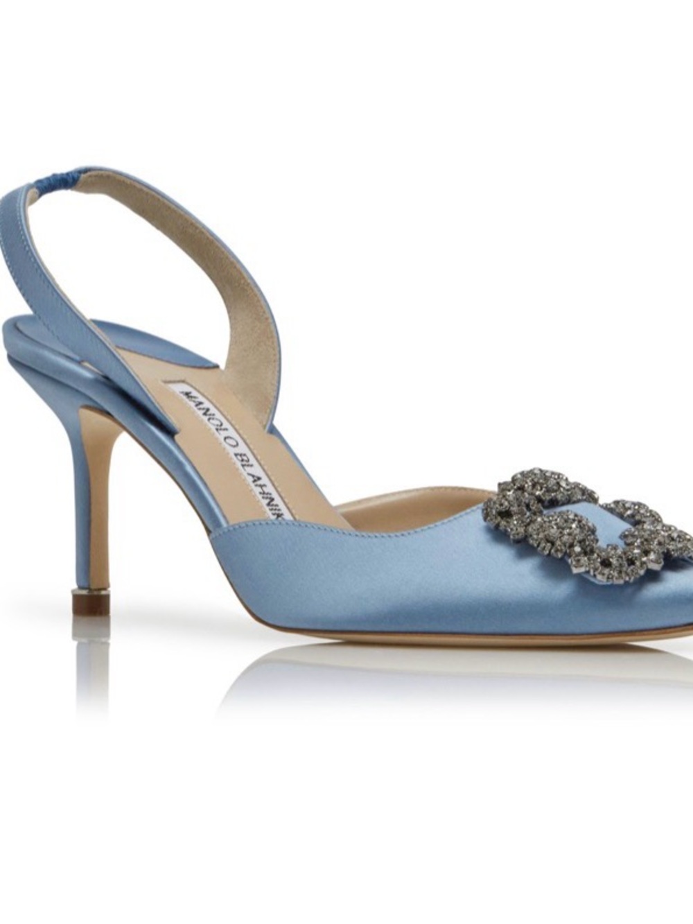 Manolo Blahnik Powder Blue Satin Slingback Pump with Crystal Buckle Hangisi 70
